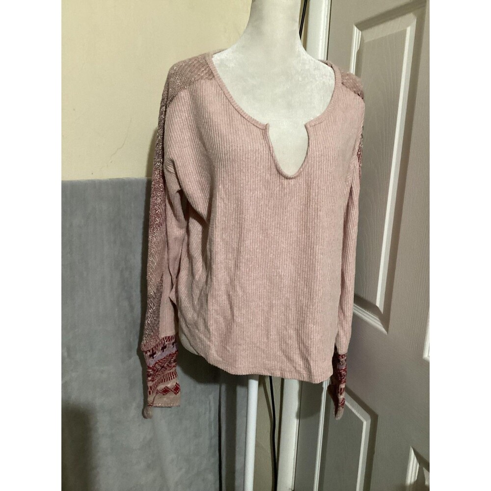 Daily Practice Sweater Womens Medium Pink Ribbed Knit Notch Neck Long Sleeve